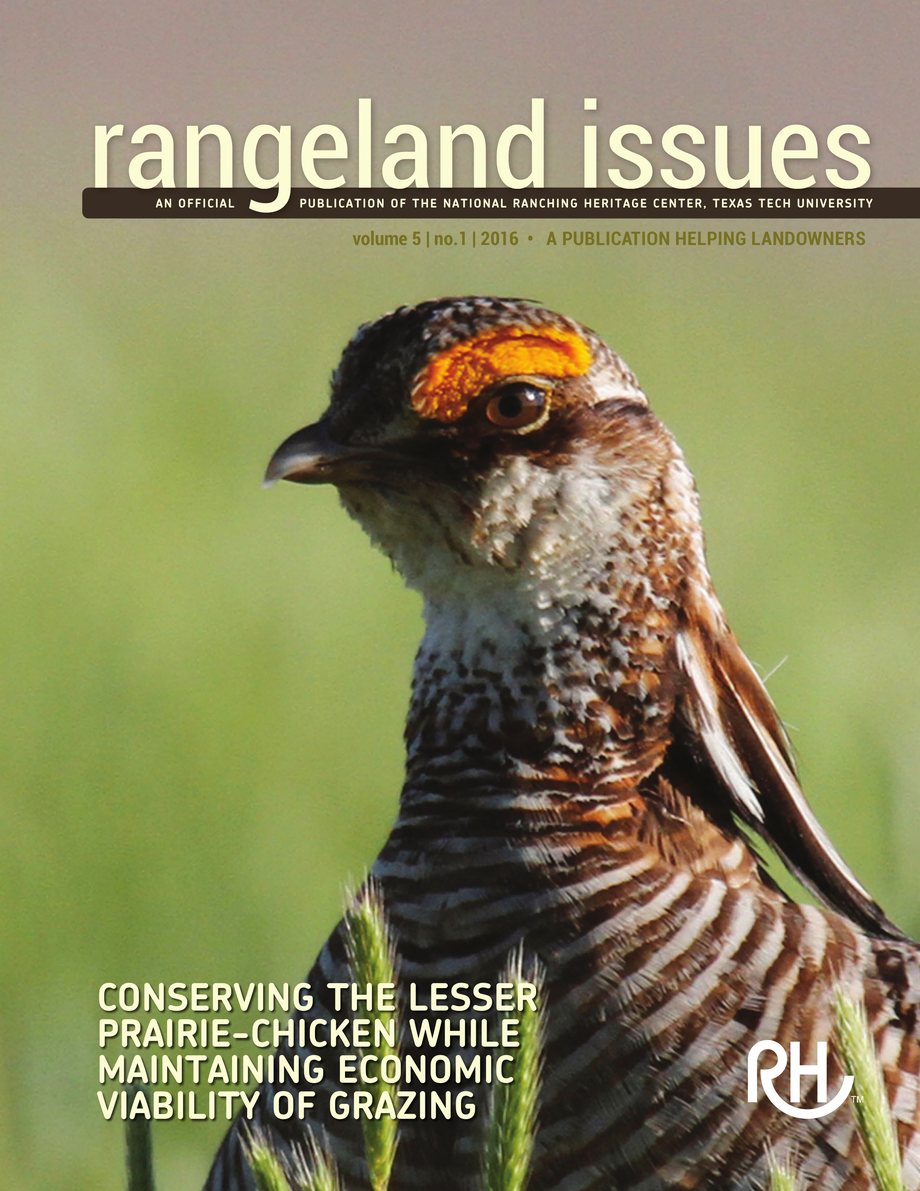 The cover of Rangeland Issues, 2016: a male Lesser Prairie-Chicken seen close, its head and barred neck against a soft green background, with the yellow-orange comb above its eye.