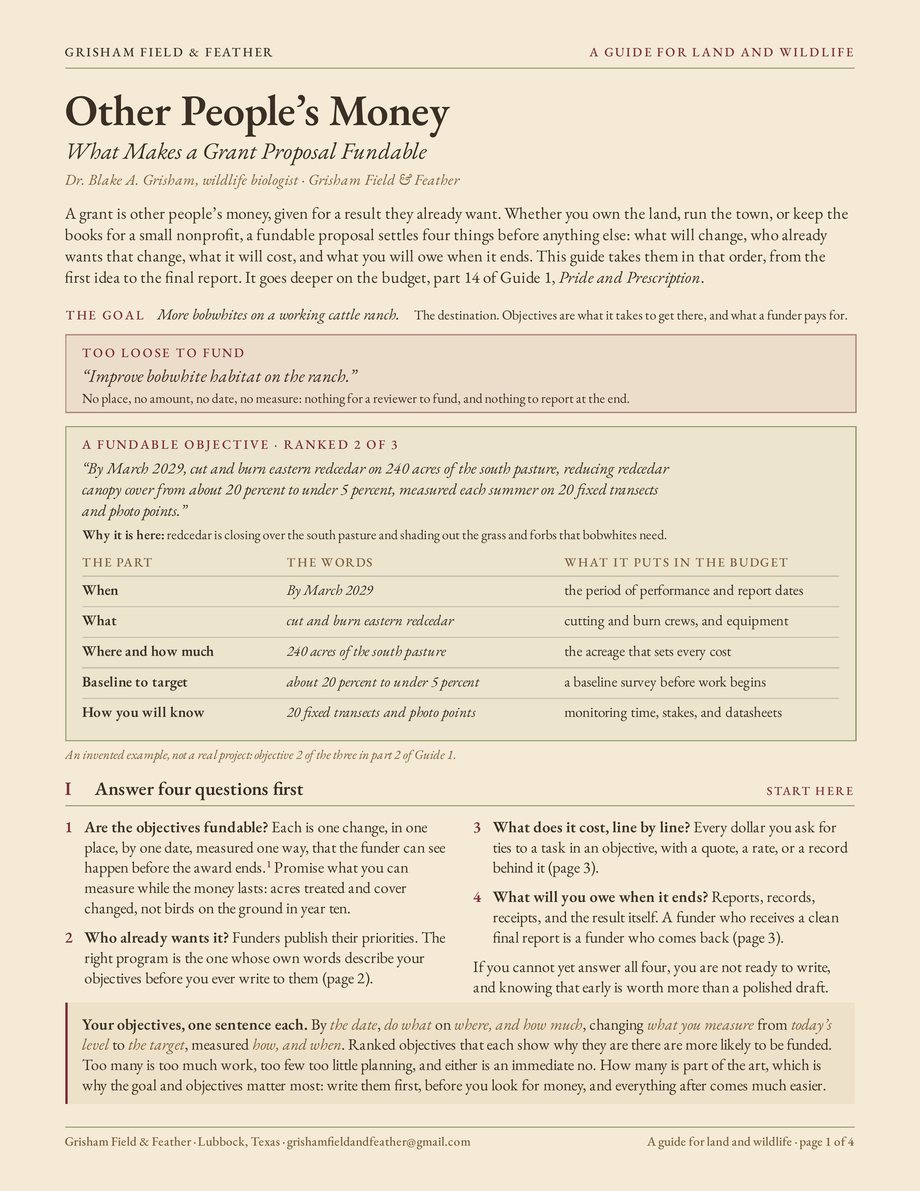 The first page of the guide Other People’s Money: What Makes a Grant Proposal Fundable: its title, a short opening, an objective too loose to fund beside a fundable one broken into its parts, and four questions to answer before writing.