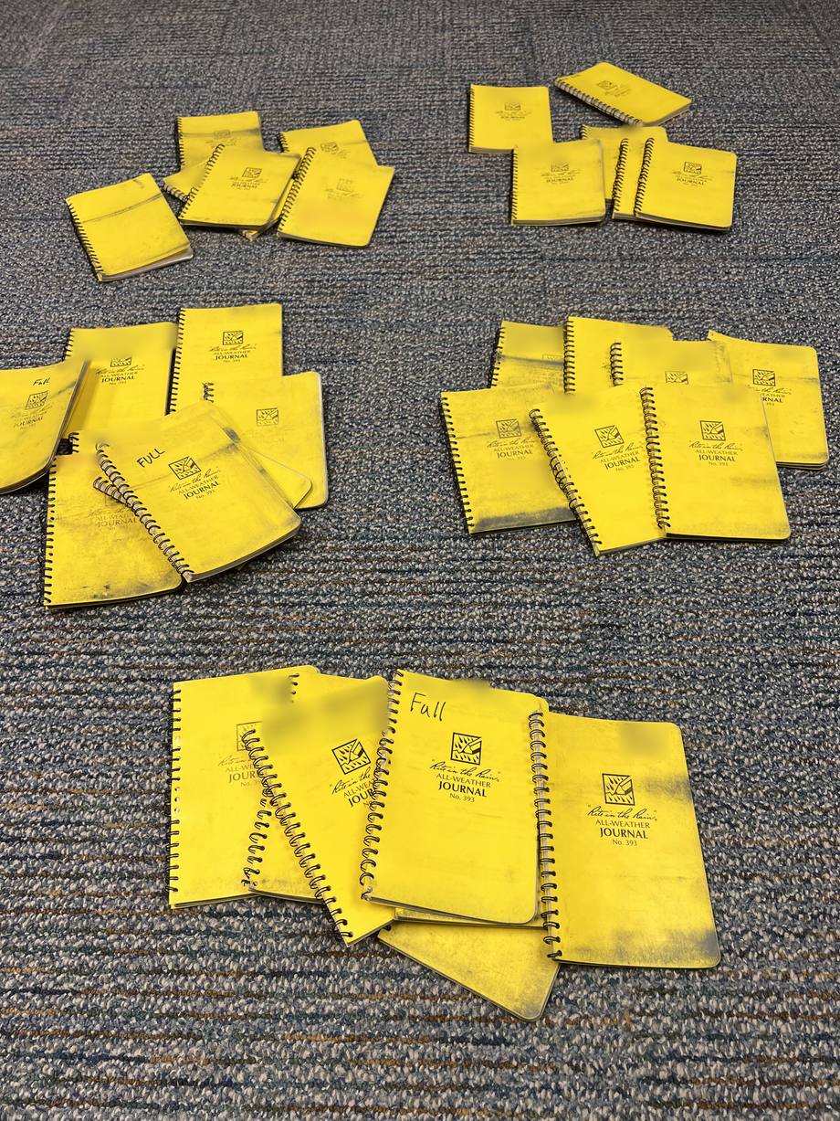 Dozens of worn yellow all-weather field notebooks laid out in groups on a carpet, the names and years written on their covers blurred.
